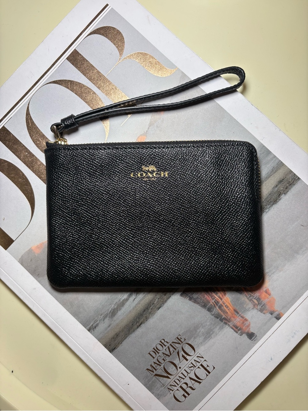 Coach Black Leather Wristlet with Gold Logo